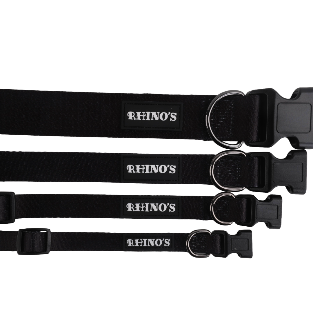 Image of 4 black collars in descending order showing different sizes, including buckles and metal attachment ring. 