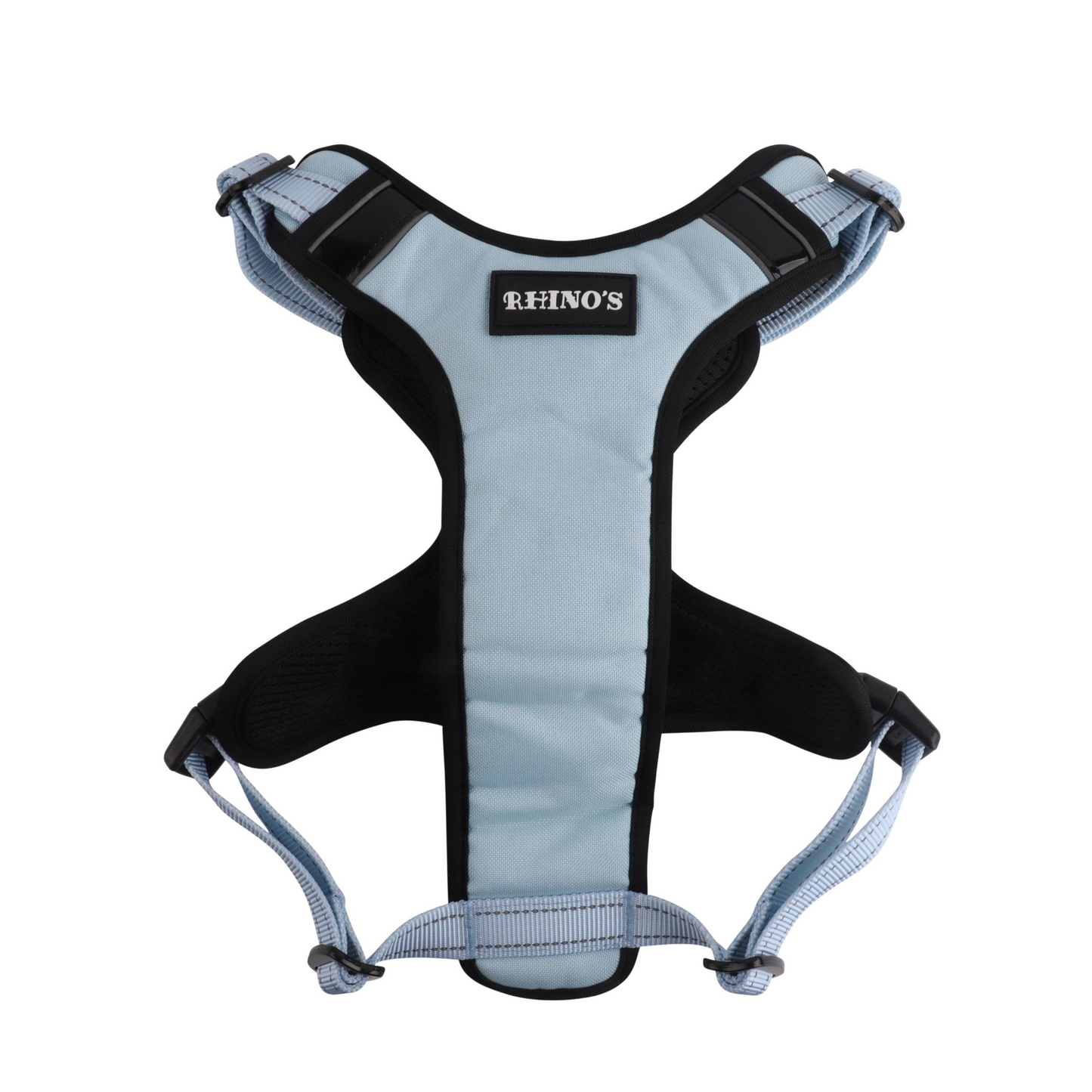 Rhino’s Pet Hold ‘Em Harness in Blue front view showing logo.