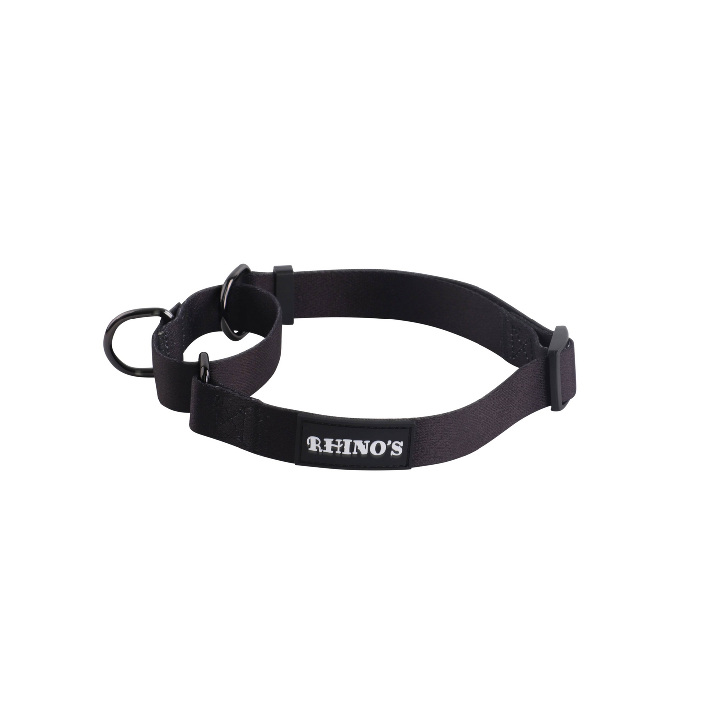 Rhino’s Pet Martingale collar in black front view showing logo.