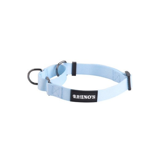 Rhino’s Pet Martingale collar front view displaying logo and metal and plastic hardware.