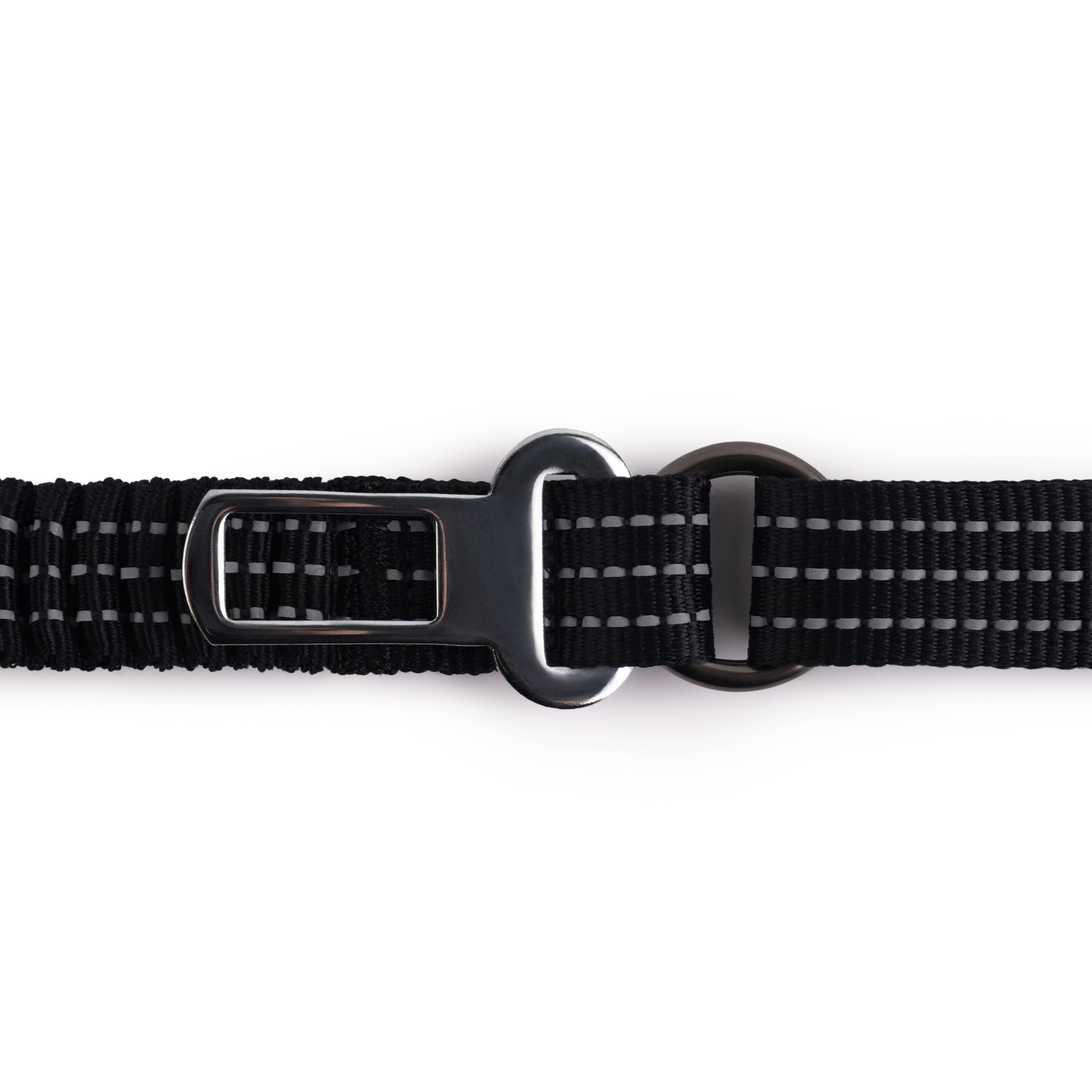 Black 2 in 1 bungee leash showing car seat buckle. 