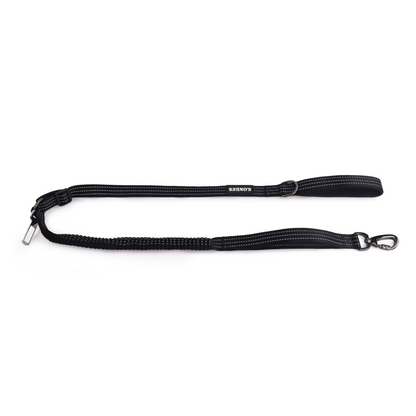 Black 2 in 1 bungee leash and car seat buckle. 